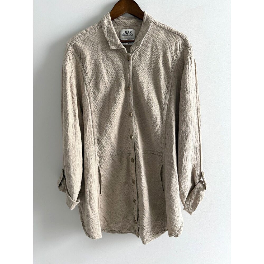 FLAX Waffle Linen Button Front Shirt Jacket Neutral Oversized Top SZ M